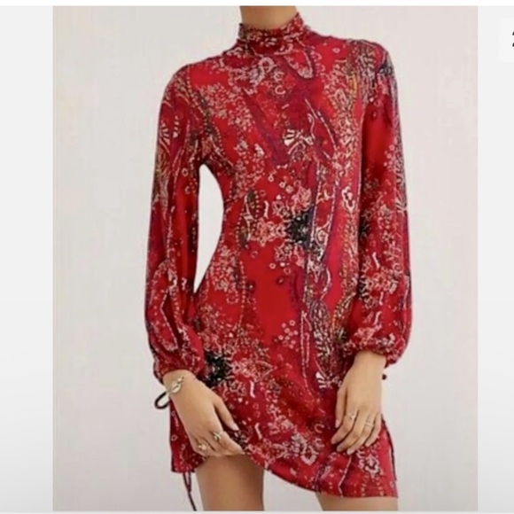 Free People All Dolled Up Women’s Red Paisley Pattern Mock Neck Boho Mini Dress - Picture 6 of 15